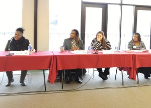 Senior psychology major Melvina Chaney speaks on the student panel during the Black Lives matter conference Jan. 20 at the Morris University Center. (Photo by Joseph Lacdan)