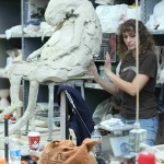 Beth Stichter working on a large scale Rabbit Sculpture at SIUE