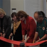 Ann Boyle, Lynn Curry, Julie Furst-Bowe, Gonz Jobe, and Aldemaro Romero Cutting the ribbon at the new art and design building expansion.